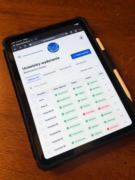 Tablet z panelem uczestników aplikacji NGO i zanonimizowanymi danymi